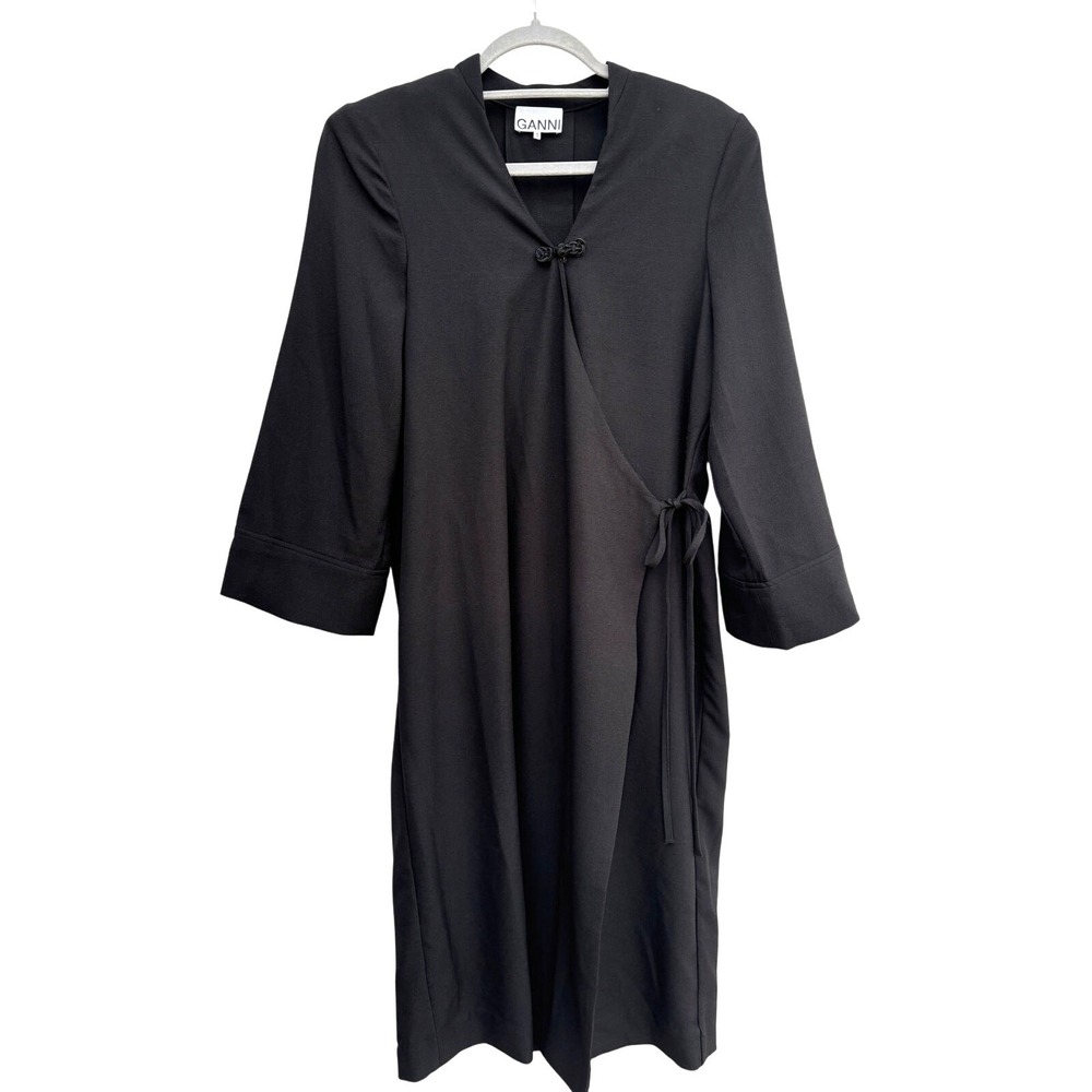 Ganni Black Wrap Midi Dress Toggle‎ Button 3/4 Sleeve Recycled Blend Size 38